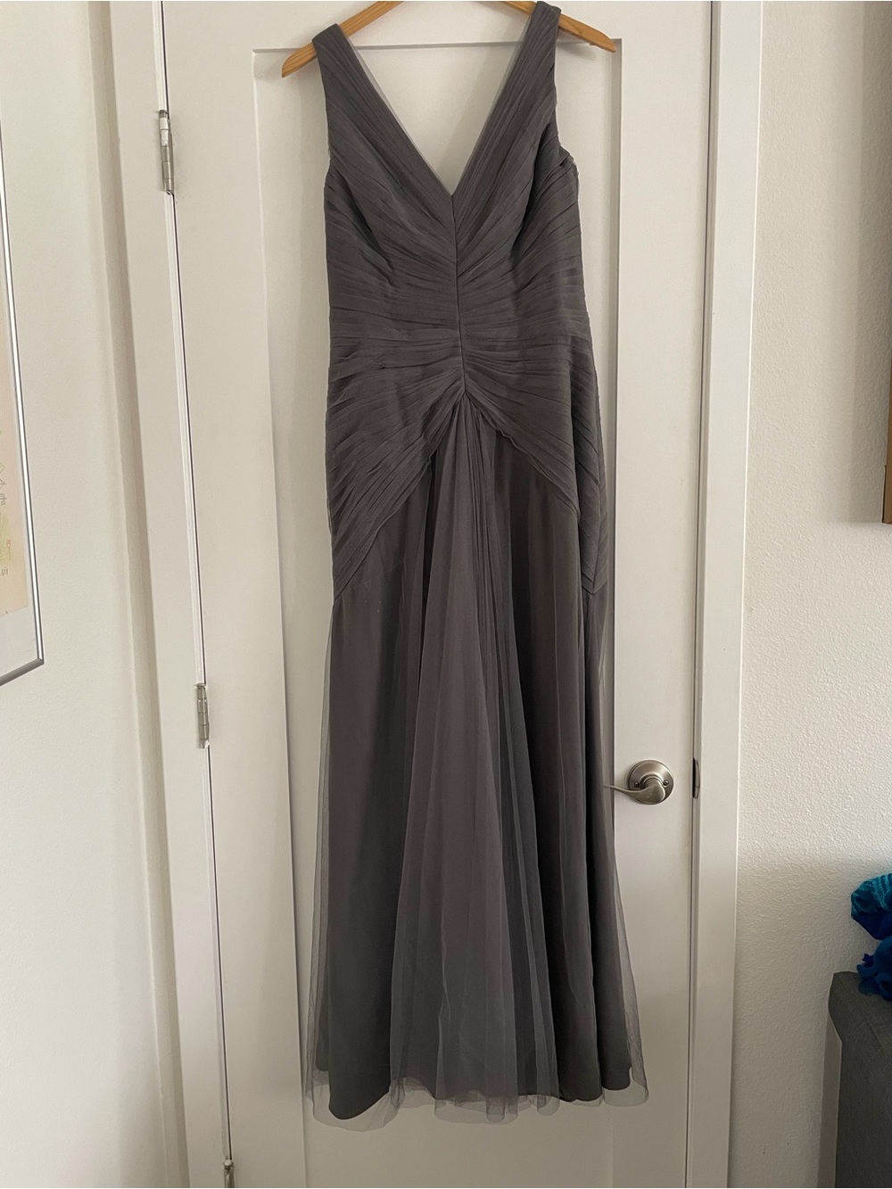 Monique Lhuillier Charcoal Gray Pleated VNeck Maxi Gown Size 6